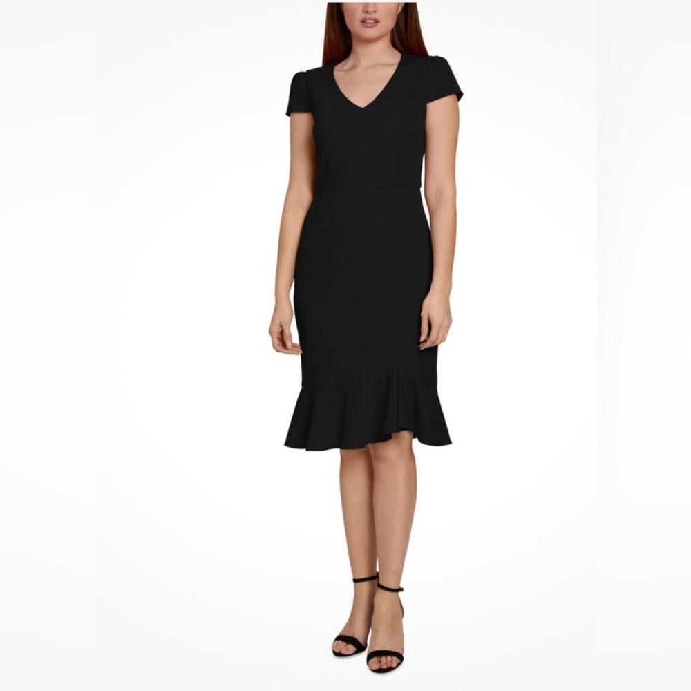 NWT Sage Black Scuba Crepe Asymmetrical Cap Sleeve Dress